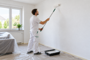 Pintor aplicando pintura en una pared reparada